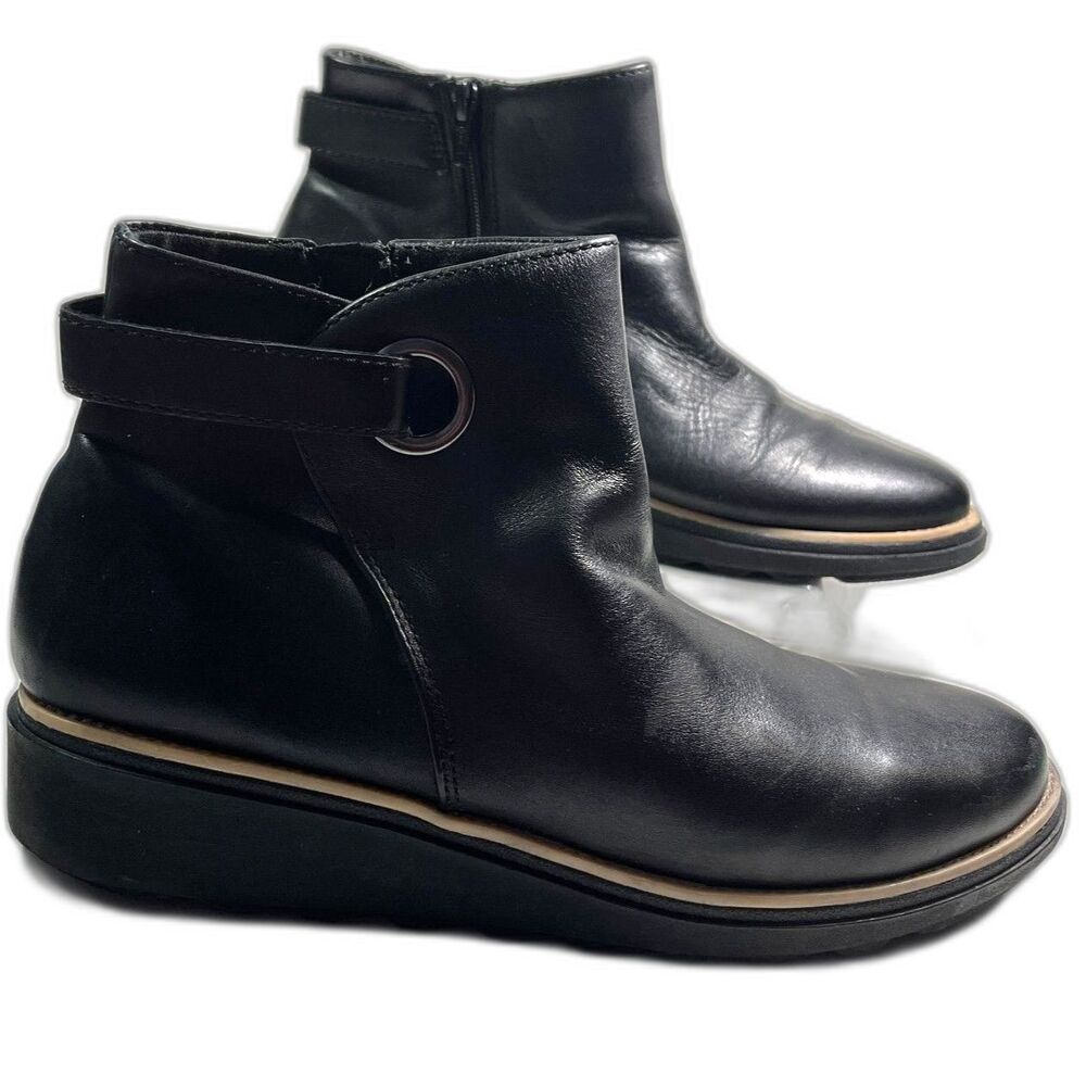 Clarks New Women's Black Leather Ankle Boots Side Zipper Wedge Sole SZ 8-1/2